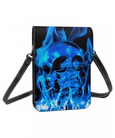 Skull Blue fire Flame Black Crossbody Cell Phone Purse for Womens Lightweight Small Soft Leather Fashion Travel Wallet with A...