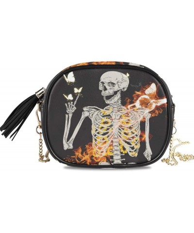 Tassels Crossbody Bag Sunflower And Skeletons Hands Small Leather Chain Shoulder Bag for Cell Phone and Wallet Skull 07 $12.0...