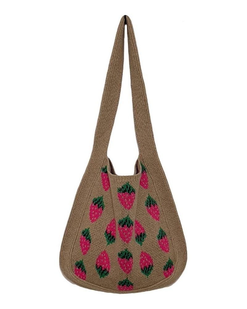 Crochet Mesh Beach Tote Bag Strawberry Print Fairycore Hobo Bag Knitted Shoulder Handbag Purse for Women (Purple) Khaki $17.2...