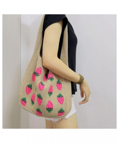 Crochet Mesh Beach Tote Bag Strawberry Print Fairycore Hobo Bag Knitted Shoulder Handbag Purse for Women (Purple) Khaki $17.2...