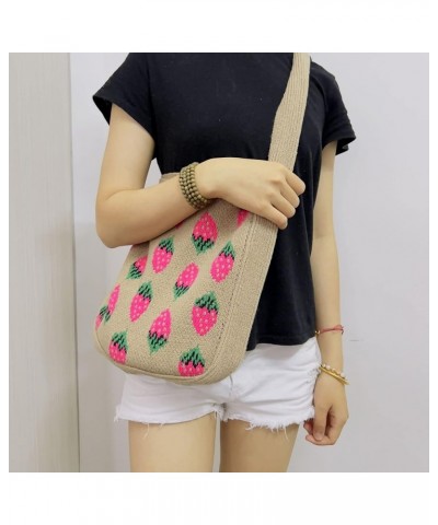 Crochet Mesh Beach Tote Bag Strawberry Print Fairycore Hobo Bag Knitted Shoulder Handbag Purse for Women (Purple) Khaki $17.2...