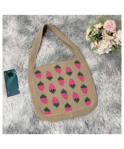 Crochet Mesh Beach Tote Bag Strawberry Print Fairycore Hobo Bag Knitted Shoulder Handbag Purse for Women (Purple) Khaki $17.2...