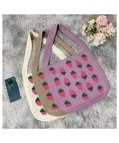 Crochet Mesh Beach Tote Bag Strawberry Print Fairycore Hobo Bag Knitted Shoulder Handbag Purse for Women (Purple) Khaki $17.2...