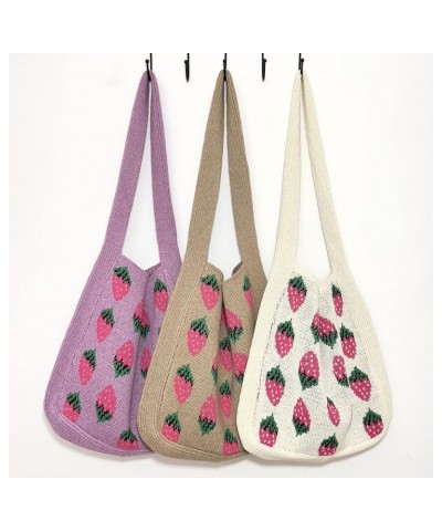 Crochet Mesh Beach Tote Bag Strawberry Print Fairycore Hobo Bag Knitted Shoulder Handbag Purse for Women (Purple) Khaki $17.2...