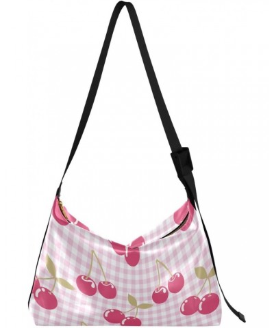 Cherry Fruits Pink Plaid Crossbody Bags for Women PU Leather Large Shoulder Bag Hobo Purse $19.79 Hobo Bags