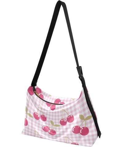 Cherry Fruits Pink Plaid Crossbody Bags for Women PU Leather Large Shoulder Bag Hobo Purse $19.79 Hobo Bags