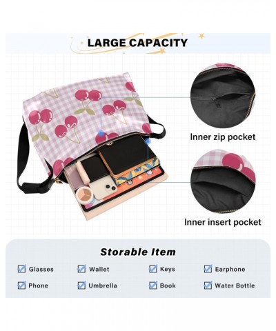 Cherry Fruits Pink Plaid Crossbody Bags for Women PU Leather Large Shoulder Bag Hobo Purse $19.79 Hobo Bags