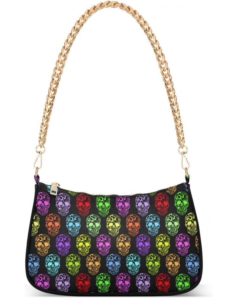 Colorful Skulls Crossbody Bag for Women Trendy Roomy Purses Shoulder Bag with Chain Strap Multi Pocket Clutch Satchel for Vac...