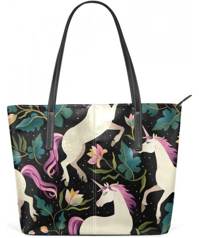 Handbags for Women Tote Bags with 11.08"(L) x 3.54"(W) x 11.02"(W) - Happy Unicorn Unicorn Flowers $18.48 Totes