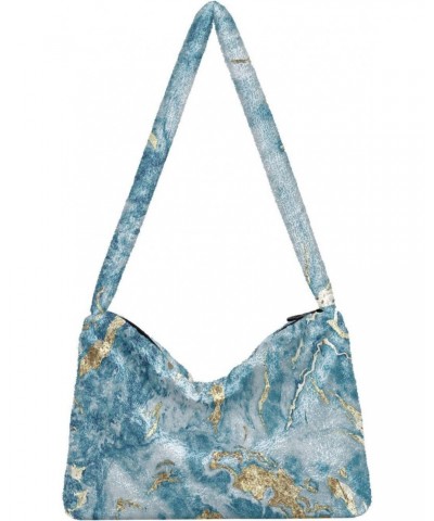 Blue Gold Marble Textured Pattern Faux Plush Tote Handbags Versatile Underarm Bag Stylish Shuolder Bag for Women $11.21 Totes