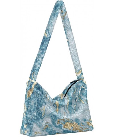 Blue Gold Marble Textured Pattern Faux Plush Tote Handbags Versatile Underarm Bag Stylish Shuolder Bag for Women $11.21 Totes