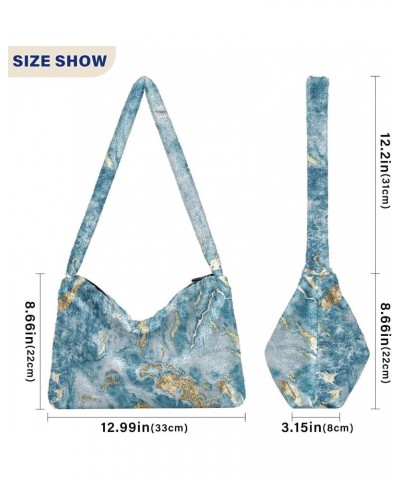 Blue Gold Marble Textured Pattern Faux Plush Tote Handbags Versatile Underarm Bag Stylish Shuolder Bag for Women $11.21 Totes