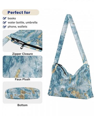 Blue Gold Marble Textured Pattern Faux Plush Tote Handbags Versatile Underarm Bag Stylish Shuolder Bag for Women $11.21 Totes