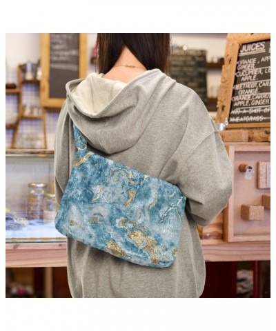 Blue Gold Marble Textured Pattern Faux Plush Tote Handbags Versatile Underarm Bag Stylish Shuolder Bag for Women $11.21 Totes