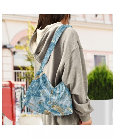 Blue Gold Marble Textured Pattern Faux Plush Tote Handbags Versatile Underarm Bag Stylish Shuolder Bag for Women $11.21 Totes