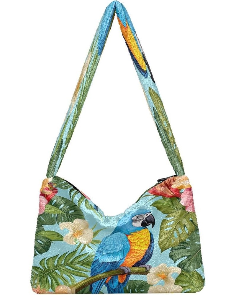 Colorful Parrots and Blue Flowers Shoulder Handbag, Tote Handbag, Autumn Handbags Parrots on Palm Leaves and Flowers-2 $14.74...