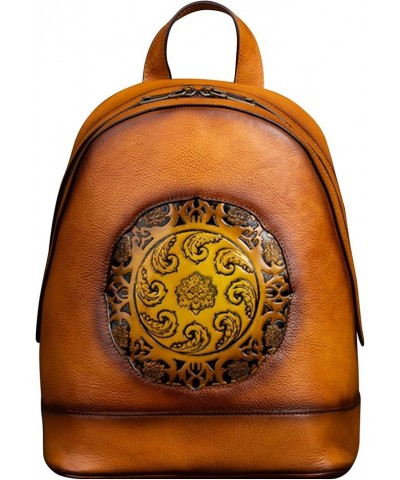 Women's Genuine Leather Backpack Classic Ethnic Style Bookbag Vintage Embossing Ladies Casual Daypack Yellow $68.99 Backpacks