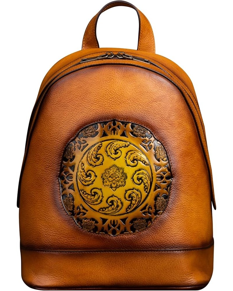 Women's Genuine Leather Backpack Classic Ethnic Style Bookbag Vintage Embossing Ladies Casual Daypack Yellow $68.99 Backpacks