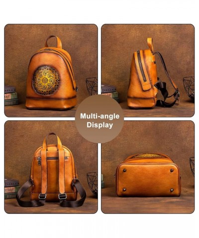 Women's Genuine Leather Backpack Classic Ethnic Style Bookbag Vintage Embossing Ladies Casual Daypack Yellow $68.99 Backpacks