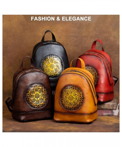 Women's Genuine Leather Backpack Classic Ethnic Style Bookbag Vintage Embossing Ladies Casual Daypack Yellow $68.99 Backpacks