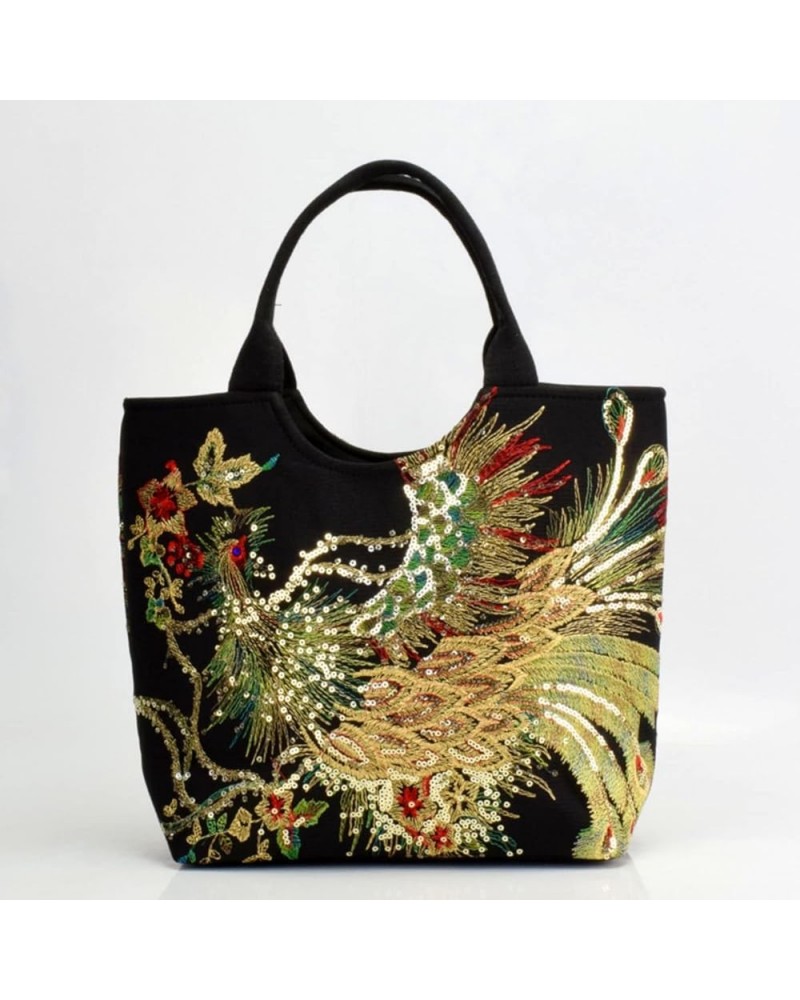 Ethnic Wind Embroidered Canvas Bag Peacock Embroidery Ladies Shoulder Handheld Crossbody Bag(Navy) Black Tote Bag $13.29 Shou...