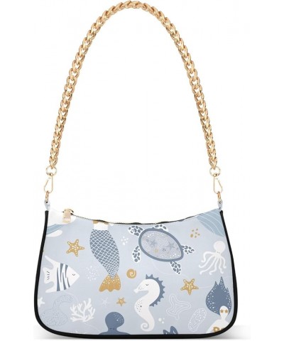 Ornament Circles Shoulder Purses Chain Shoulder Bag Party with Zipper Cute Sea Mermaids Whales Pattern $17.69 Handbags