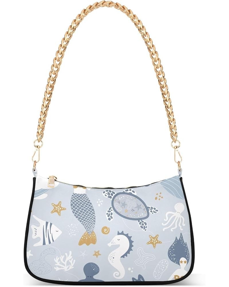 Ornament Circles Shoulder Purses Chain Shoulder Bag Party with Zipper Cute Sea Mermaids Whales Pattern $17.69 Handbags