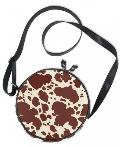 Stylish Cow Skin Brown Animal Pattern Crossbody Bag Small Canvas Shoulder Round Bag for Women $10.44 Shoulder Bags