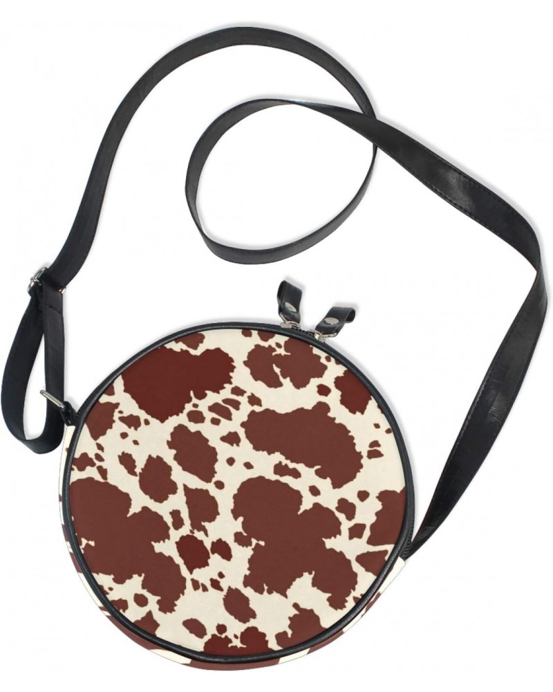 Stylish Cow Skin Brown Animal Pattern Crossbody Bag Small Canvas Shoulder Round Bag for Women $10.44 Shoulder Bags