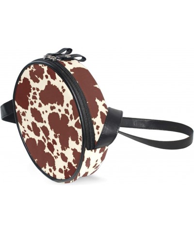 Stylish Cow Skin Brown Animal Pattern Crossbody Bag Small Canvas Shoulder Round Bag for Women $10.44 Shoulder Bags