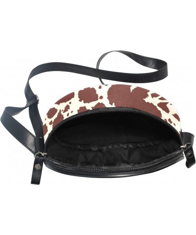 Stylish Cow Skin Brown Animal Pattern Crossbody Bag Small Canvas Shoulder Round Bag for Women $10.44 Shoulder Bags