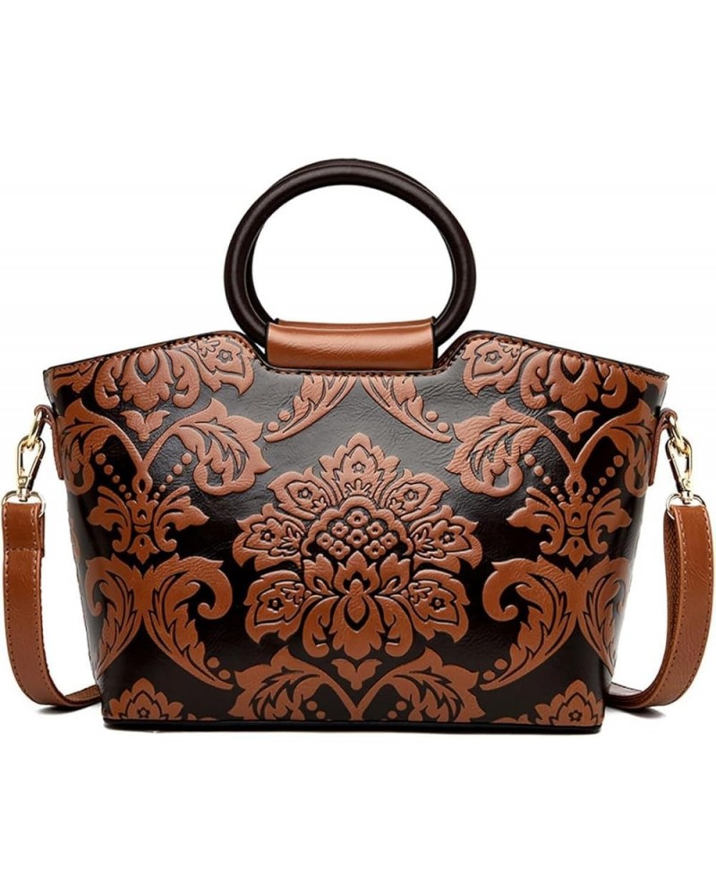 Women Purse and Handbag Floral Print Embossed Top Handle Satchel PU Leather Shoulder Bag Vintage Work Crossbody Tote Brown $2...