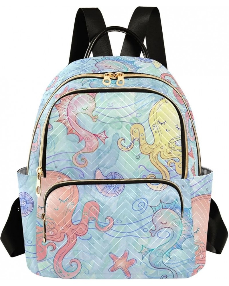 Seahorse Octopus Starfish Fashion Travel Backpack for Women Multi Pockets Lightweight Purse for Women-M Multicolor Small $20....