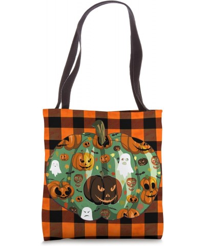 Halloween Evil Pumpkin Jack-O-Lantern Ghosts Plaid Vintage Tote Bag $11.37 Totes