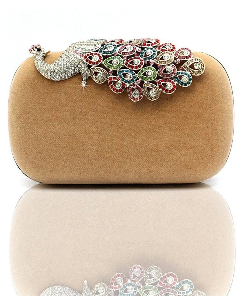 Women's Elegant Rhinestone Peacock Clasp Velvet Cocktail Evening Handbag Apricot $15.91 Evening Bags