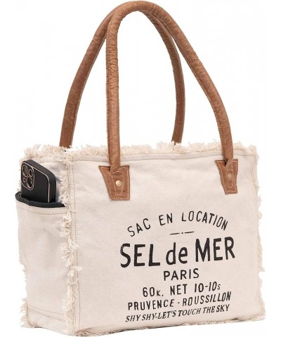 Shy Shy Bags Sel De Mer Upcycled Canvas Hand Bag Upcycled Canvas & Cowhide Tote Bag Radiant Upcycled Leather Bag White $13.34...