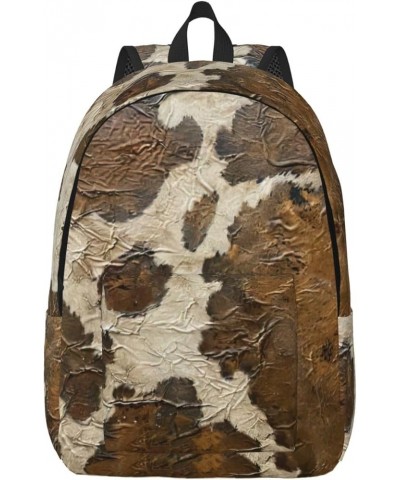 Brown Cowhide Art Print Casual Double Shoulder Daypack,Anti-Theft Travel Canvas Backpack For Men And Women Black Small $22.24...