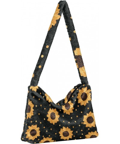 Spring Women Boho Handbag Sunflower Gold Dot Black Background Underarm Bag Tote Bag Shoulder Bag Crossbody Bag Fluffy Cell Ph...