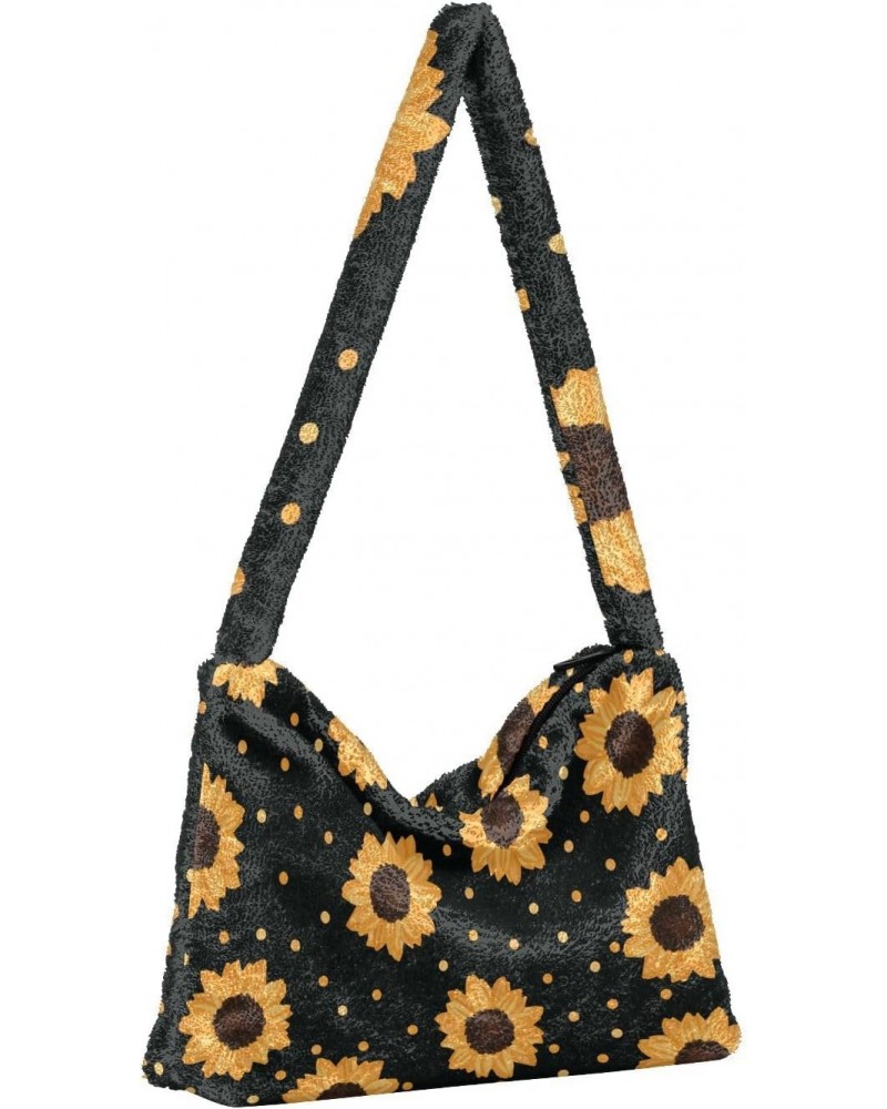 Spring Women Boho Handbag Sunflower Gold Dot Black Background Underarm Bag Tote Bag Shoulder Bag Crossbody Bag Fluffy Cell Ph...