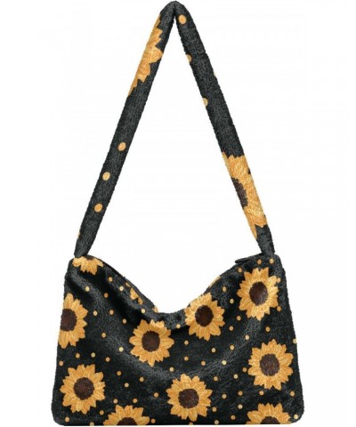 Spring Women Boho Handbag Sunflower Gold Dot Black Background Underarm Bag Tote Bag Shoulder Bag Crossbody Bag Fluffy Cell Ph...