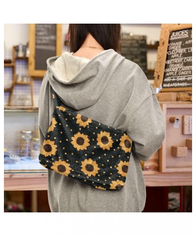 Spring Women Boho Handbag Sunflower Gold Dot Black Background Underarm Bag Tote Bag Shoulder Bag Crossbody Bag Fluffy Cell Ph...