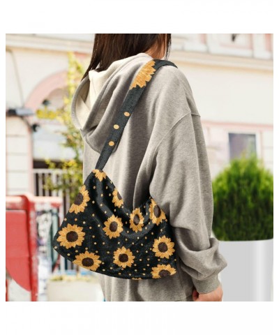 Spring Women Boho Handbag Sunflower Gold Dot Black Background Underarm Bag Tote Bag Shoulder Bag Crossbody Bag Fluffy Cell Ph...