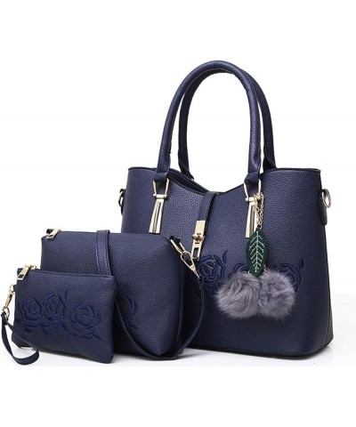 Women Handbag PU Leather Messenger Bags Rose Embroidery Tote Bag Crossbody Bag Wallet 3 Pcs Set Blue $42.48 Totes