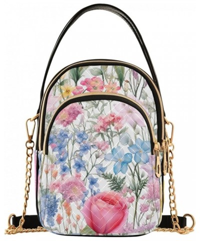 Watercolor Floral Border Women Crossbody Handbag, Crossbody Handbag with Chain Strap, Crossbody for Women Trendy Watercolor F...