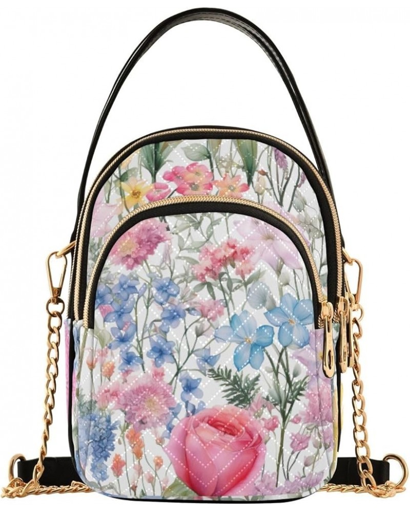 Watercolor Floral Border Women Crossbody Handbag, Crossbody Handbag with Chain Strap, Crossbody for Women Trendy Watercolor F...