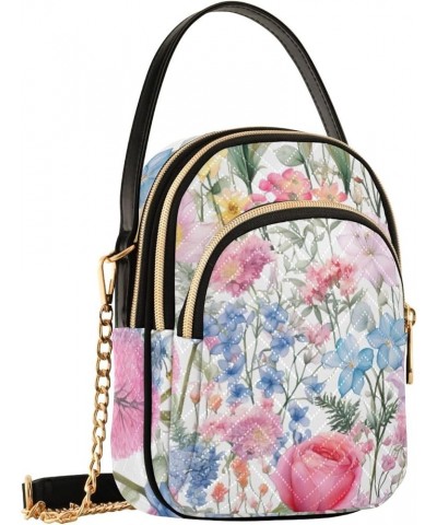 Watercolor Floral Border Women Crossbody Handbag, Crossbody Handbag with Chain Strap, Crossbody for Women Trendy Watercolor F...