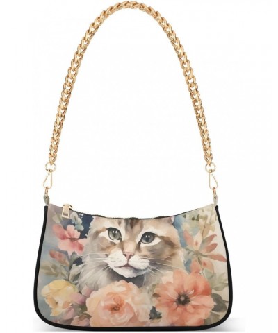 Women's Shoulder Handbag Cat Is Surrounded by Flowers Stylish Tote Handbag Hobo Handbag Clutch Handbags with Chain $13.33 Totes