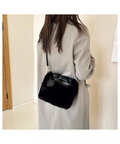 Cute plush hand-carrying bag women's fashionable stylish shoulder bag casual all-match cross body fur bag Black $25.80 Totes