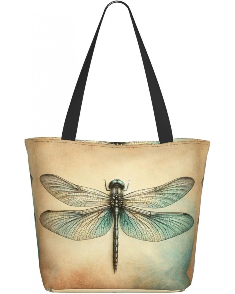 Women Shoulder Bag Grunge-Vintage-Dragonfly Foldable Tote Bag With Zipper Closure Casual Shopping Purse Daily Bag $16.98 Totes