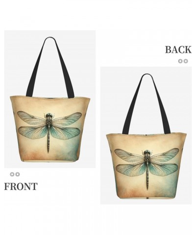 Women Shoulder Bag Grunge-Vintage-Dragonfly Foldable Tote Bag With Zipper Closure Casual Shopping Purse Daily Bag $16.98 Totes